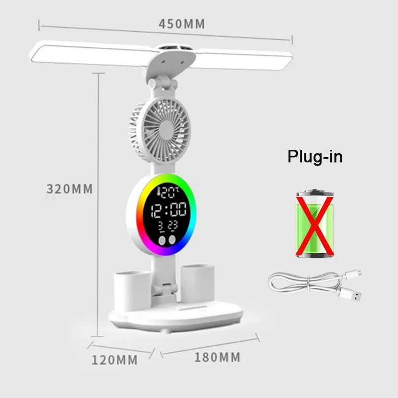 LED Table Lamp with Fan and Clock Display Reading Desk Light for Study Night Light Adjustable Brightness