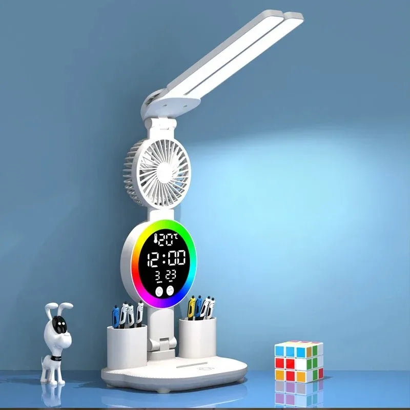LED Table Lamp with Fan and Clock Display Reading Desk Light for Study Night Light Adjustable Brightness