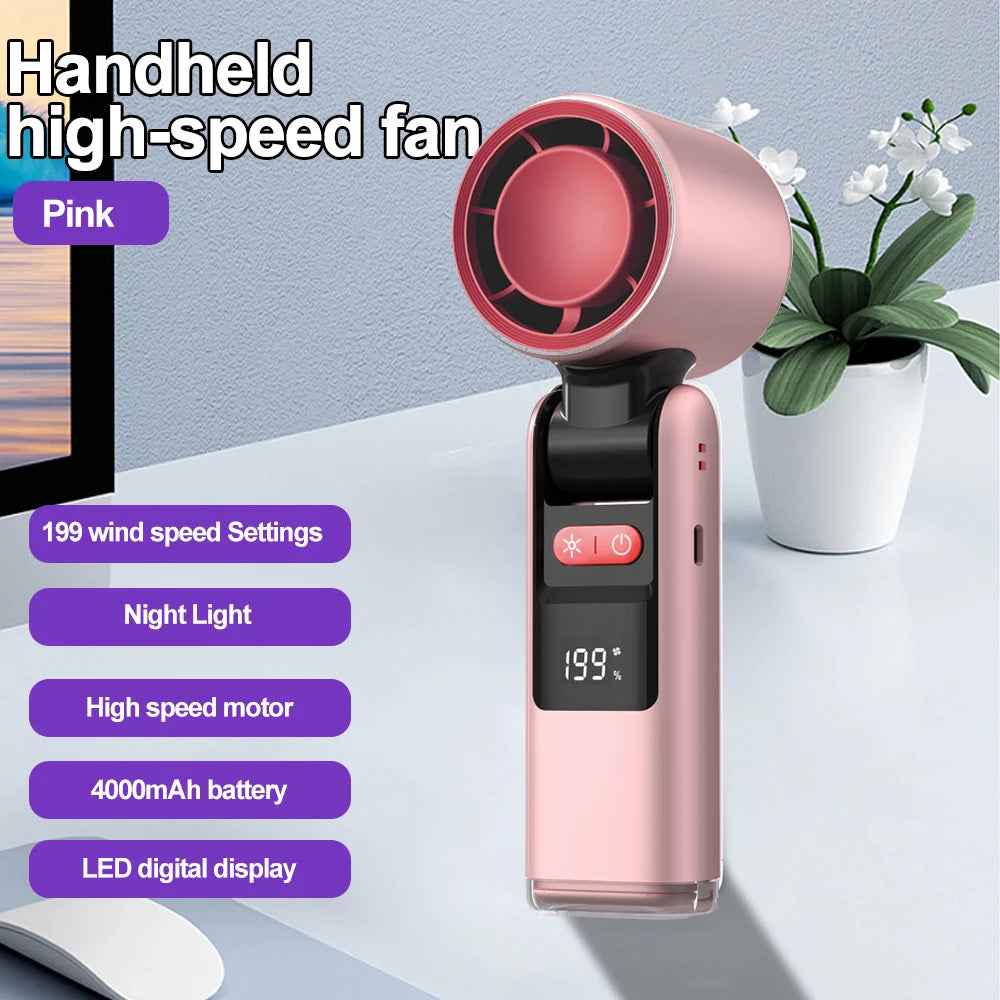 Mini Handheld Turbo Fan Foldable Design 1-199-Speed Wind 4000Mah Rechargeable Digital Display Protable Pocket Fans for Outdoor