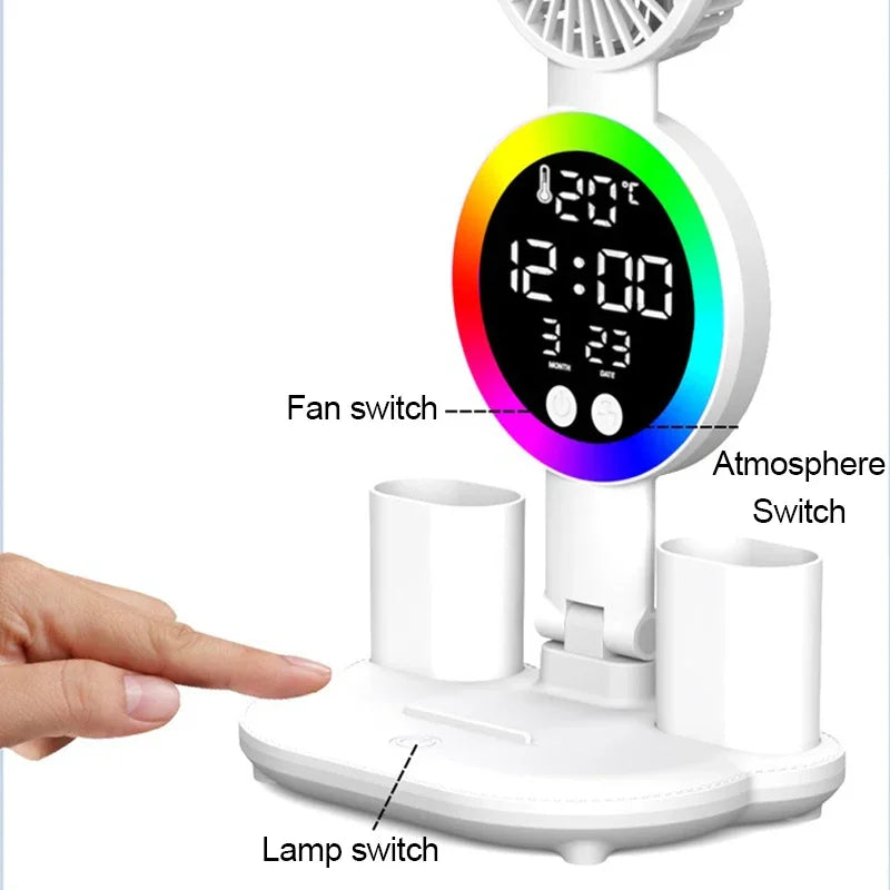 LED Table Lamp with Fan and Clock Display Reading Desk Light for Study Night Light Adjustable Brightness