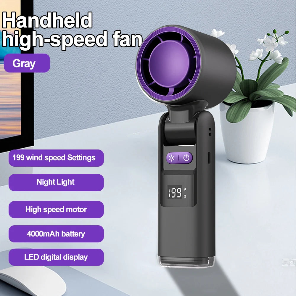Mini Handheld Turbo Fan Foldable Design 1-199-Speed Wind 4000Mah Rechargeable Digital Display Protable Pocket Fans for Outdoor