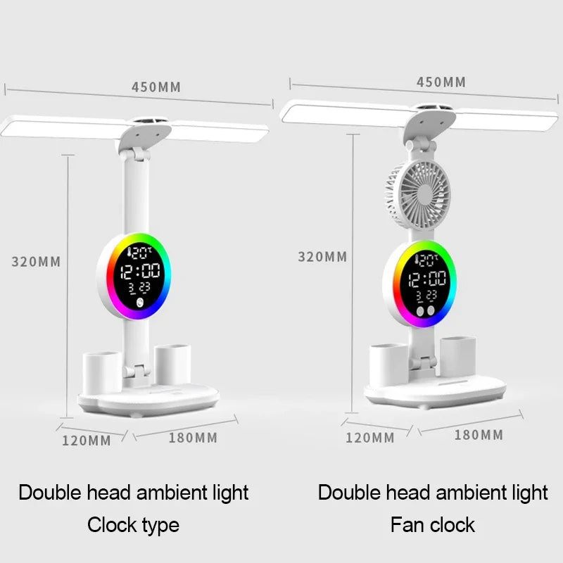 LED Table Lamp with Fan and Clock Display Reading Desk Light for Study Night Light Adjustable Brightness