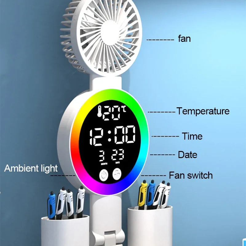 LED Table Lamp with Fan and Clock Display Reading Desk Light for Study Night Light Adjustable Brightness
