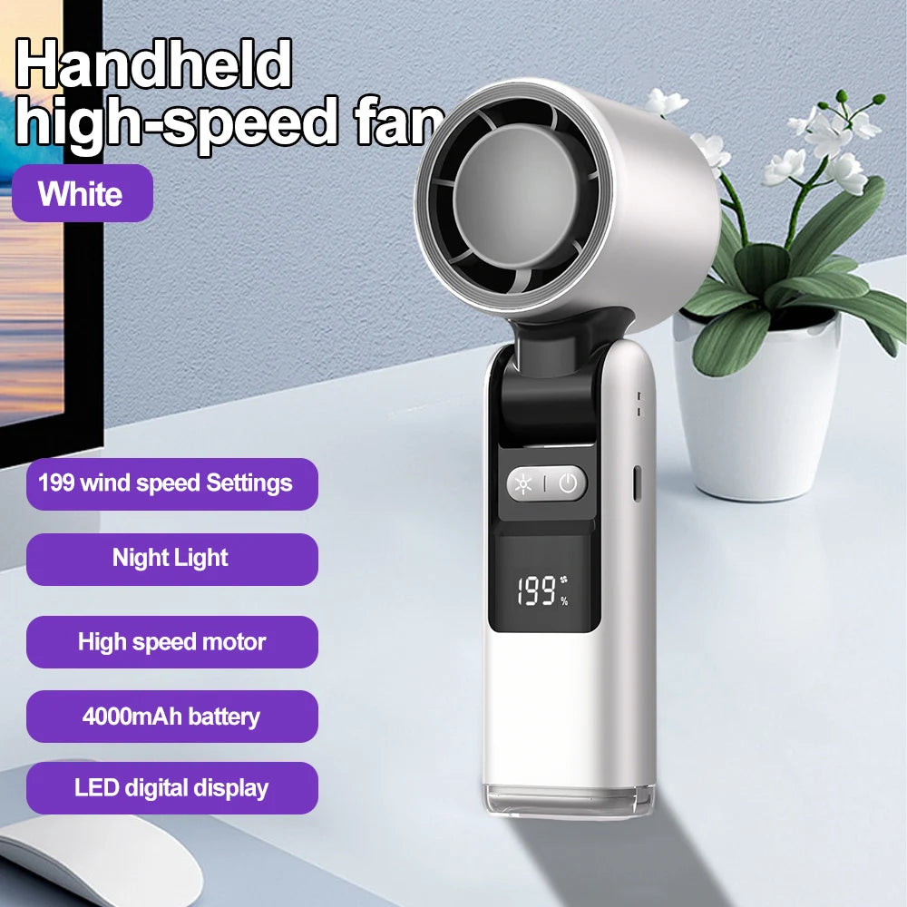 Mini Handheld Turbo Fan Foldable Design 1-199-Speed Wind 4000Mah Rechargeable Digital Display Protable Pocket Fans for Outdoor