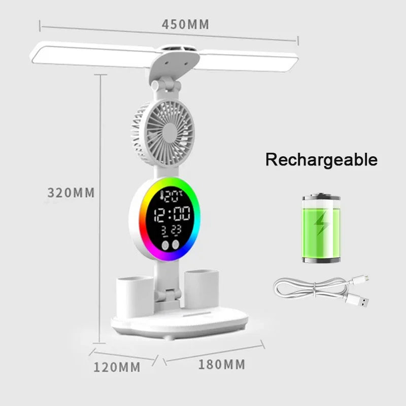 LED Table Lamp with Fan and Clock Display Reading Desk Light for Study Night Light Adjustable Brightness