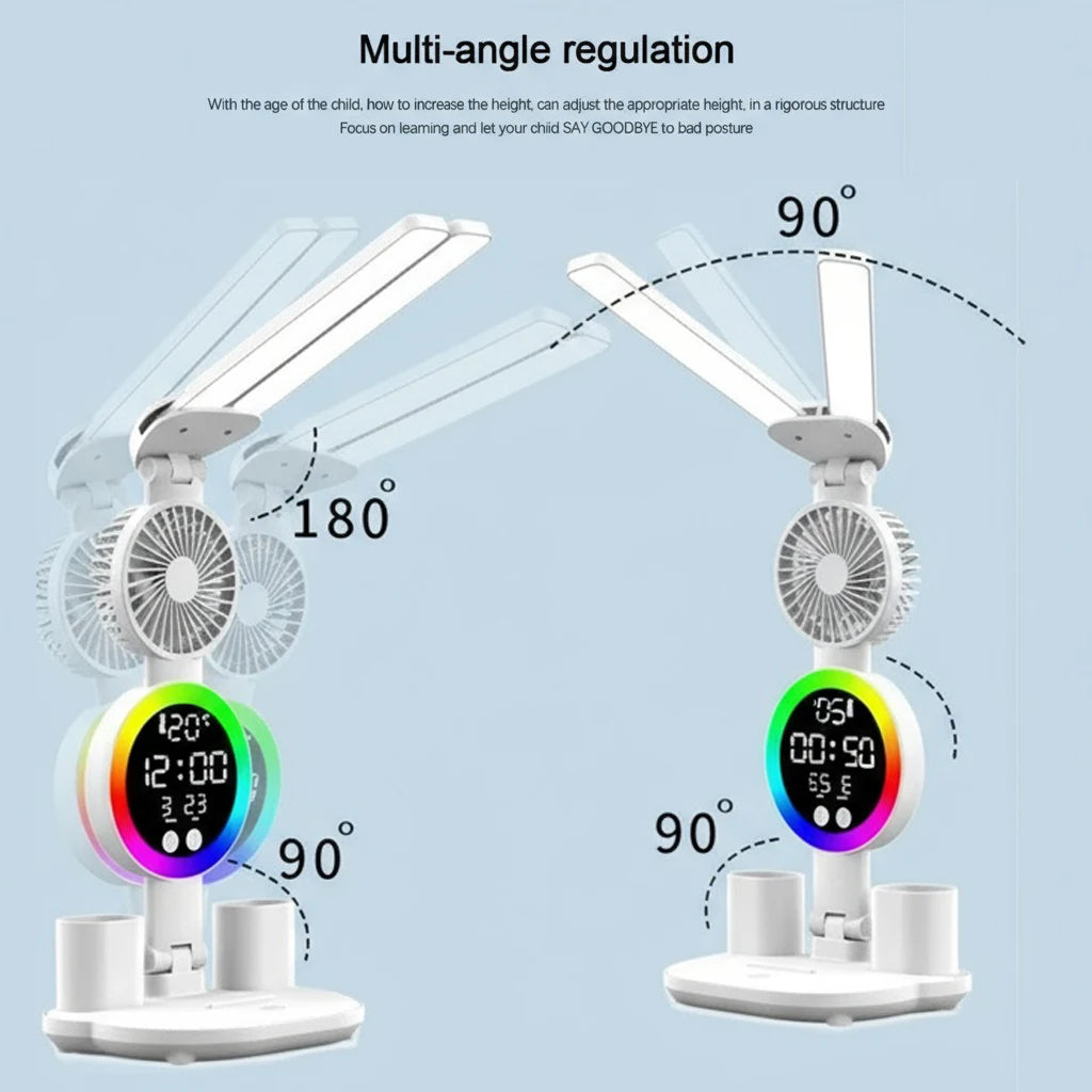 LED Table Lamp with Fan and Clock Display Reading Desk Light for Study Night Light Adjustable Brightness