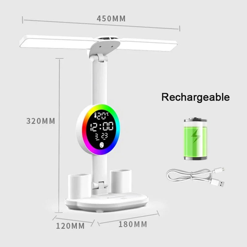 LED Table Lamp with Fan and Clock Display Reading Desk Light for Study Night Light Adjustable Brightness