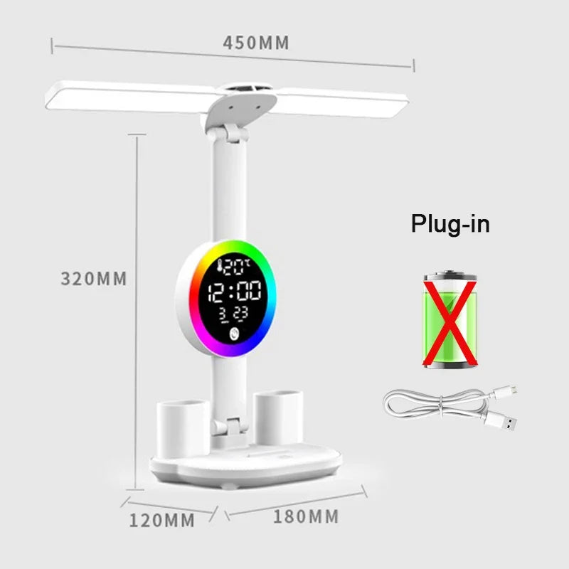 LED Table Lamp with Fan and Clock Display Reading Desk Light for Study Night Light Adjustable Brightness
